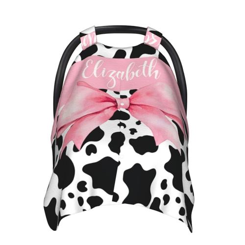 Personalized Baby Car Seat Canopy for Babies, Custom Name Baby Car Seats Cover for Girls, Pink Bow with Cow Print Opening Minky Nursing Breastfeeding Covers for Infant, Carseat Canopies for Newborn