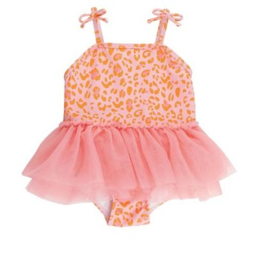 RuffleButts Baby Girls UPF50+ Tulle Skirted One Piece - Pink Leopard, 18-24m