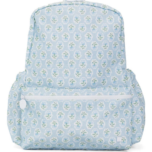TRVL Backpack- Blue Petite Fleur Backpacker sGm (SMG) monogram "Bain" font baby blue thread