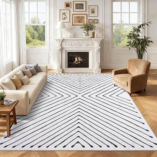 8x10 Area Rug for Living Room Washable Non Slip Large Bedroom Rug Stain Resistant Dining Room Throw Carpet Contemporary Accent Carpet Ultra Soft Modern Rug for Home Decor Office, White&Black