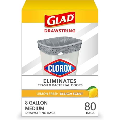 Glad Medium Trash Bags, 8 Gallon, Lemon Fresh Bleach Garbage Bags, Resists Bacterial Odors with Drawstring, 80 Count