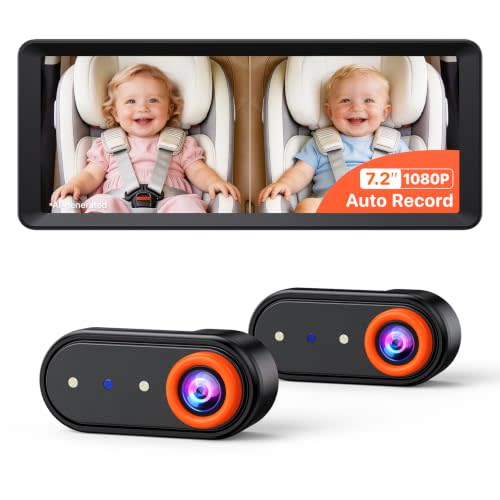 LUCKVIEW Dual Car Camera Baby Monitor with Recording for 2 Kids 7.2'' | Split Screen HD 1080P Auto IR Night Vision & Wide Angle Backseat Mirror Easy Setup for Infant Toddler BM5 MAX(Orange)