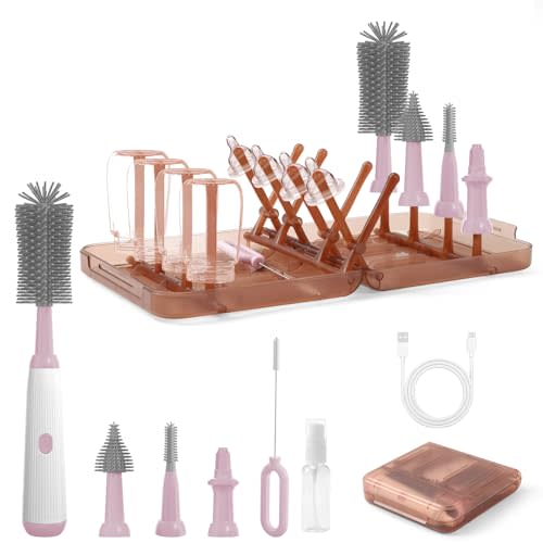 Electric Baby Bottle Brush Kit - 9 in 1 Cleaner With Nipple Straw Crevice Brushes, Drying Rack, Extender, Soap Dispenser, Storage Box - Rechargeable Set for Travel & Home (Pink)