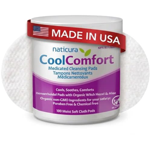 Naticura CoolComfort Witch Hazel Wipes for Hemorrhoid Treatment 100 Pads | Made in USA, Organic Witch Hazel & Aloe Pads, Postpartum Recovery, Fast Cooling Relief, Burning, Itching & Swelling Relief