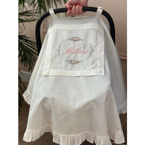 Dusty Rose Car Seat Cover | Handmade Embroidery Personalized Stroller Cover | Car Seat Canopy with Peek-a-Boo Window | New Baby Gift | Linen