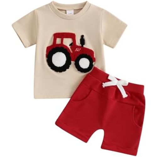 FYBITBO Infant Toddler Baby Boy Summer Clothes Cute Tractor Short Sleeve Tops Tshirt and Shorts Summer Outfits Clothing Set