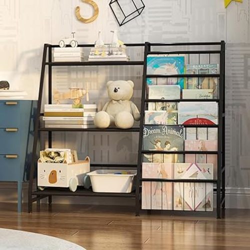 NACHES 3 - Tier Metal Bookshelf - Large Storage Kids Book & Toy Holder, Easy - Install with Clasp & Adjustable Pads, Iron Rack for Nursery, Bedroom, Playroom, White (Black)