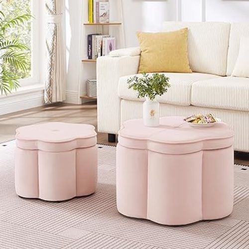 Polibi 6-Petal Flower Shaped Velvet Storage Ottoman Set with Nesting Design, No Assembly Required, 5-in-1 Versatile Footrest, Seat, Side Table for Living Room, Entryway, Bedroom, Pink