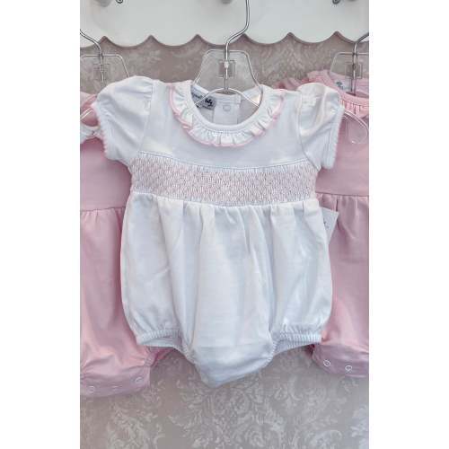 White Pima Bubble with Pink Smocking