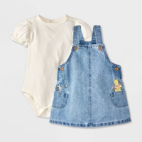Baby Girls' 2pc Disney Winnie The Pooh Denim Dress and Bodysuit Set - Blue 6-9M