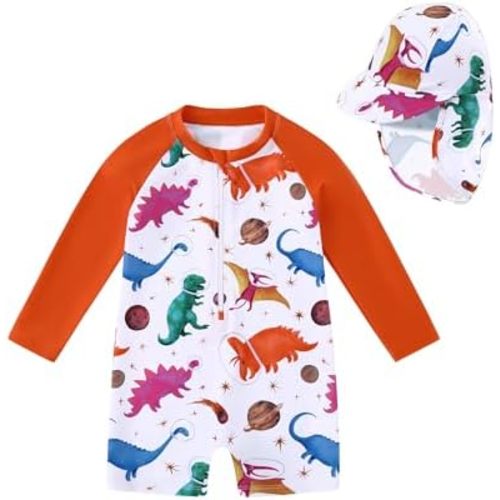 Baby Boy Swimsuit One Piece Long Sleeve Bathing Suit Rash Guard UPF 50+ Sun Protection with Hat 0-24 Months