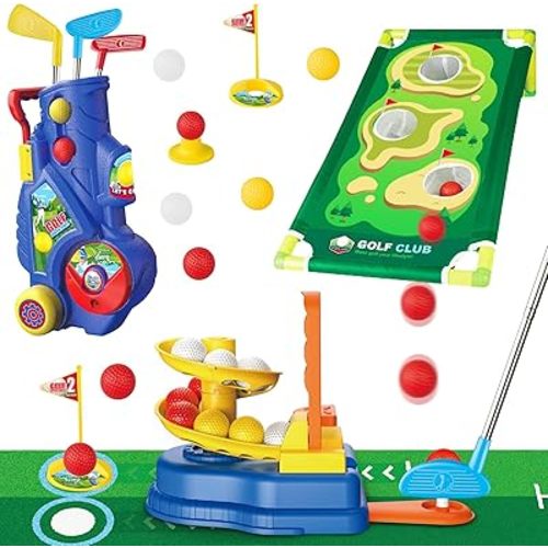 Toddler Golf Clubs Set for Ages 3 4 5 6 7 Years Old, 2 in 1 Kids Golf Clubs Toy with Golf Cart, Ball Launcher, 20 Balls, Golf Board, Putting Mat - Indoor Outdoor Mini Golf Set Sport Toys