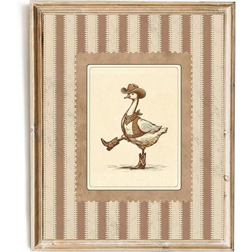 SWZHHYL Vintage Goose Wall Art, Funny Country Western Canvas Prints, Cowboy Goose Striped Oil Painting, Silly Goose Nursery Decor, Rustic Farmhouse Animal Art for Gallery Bedroom Home Wall Decor - 8x10inch Unframed