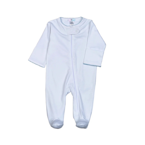 White Zipper Footie w/ Blue Picot