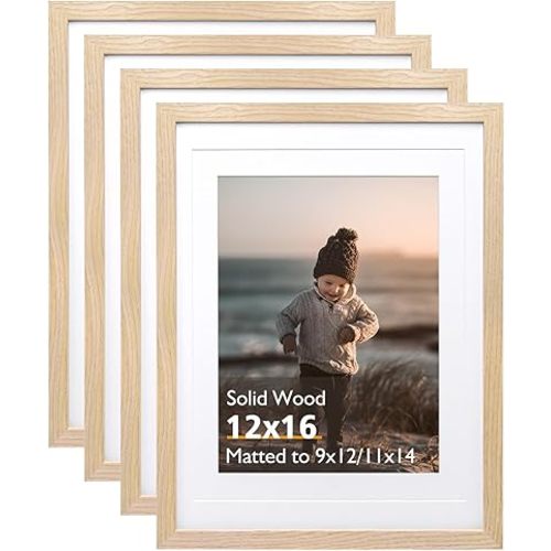 KINLINK 12x16 Picture Frame Natural, Solid Wood Frames with Acrylic Plexiglass for Pictures 11x14/9x12 with Mat or 12x16 without Mat,Wall Display Photo Frame Set of 4