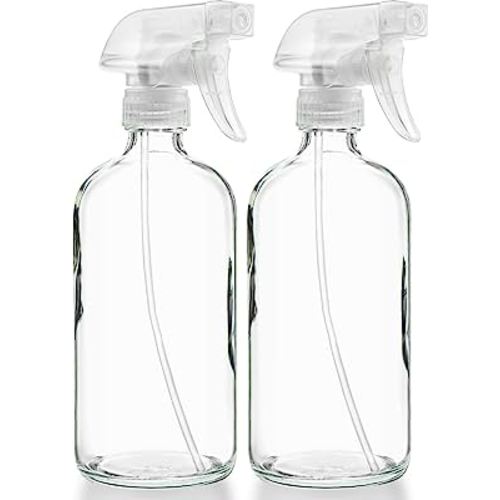 Sally's Organics® Empty Clear Glass Spray Bottles - Refillable 16 oz Containers for Essential Oils, Cleaning Products, Aromatherapy, Misting Plants, or Cooking - Sprayer with Mist and Stream - 2 Pack