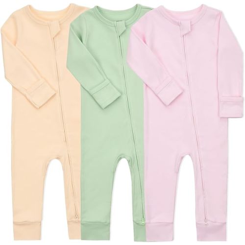 Aablexema Baby Cotton Fooltess Pajamas with Mitten, 3-pack Infant Romper Zip Up One Piece Jumpsuits Outfit
