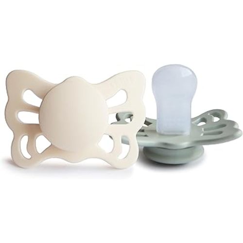 FRIGG Butterfly Anatomical SilkySoft Silicone Baby Pacifier | Made in Denmark | BPA-Free (Cream/Sage, 0-6 Months)