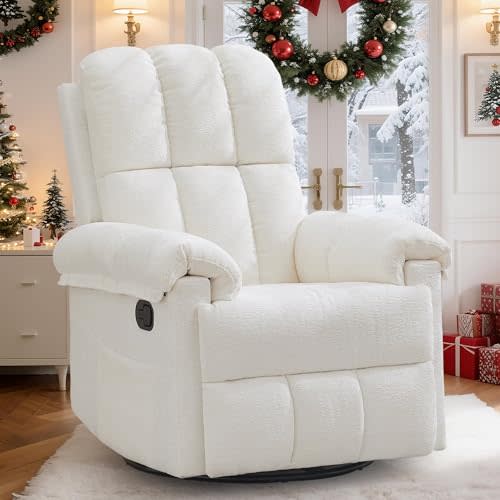 Korser Recliner Chair, Swivel Rocker Recliner Chair for Adults, Small Recliners for Small Spaces, Upholstered Manual Recliner with Side Pockets, Nursery Rocking Chair for Living Room, Chenille, Beige