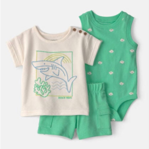 Baby Boy 3-Piece Shark Top, Bodysuit & Short Set - Green/Ivory | Carter's