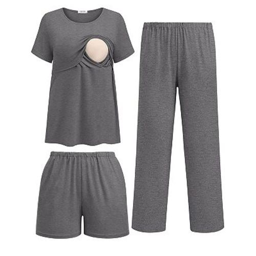 Ekouaer 3 Piece Postpartum Nursing Pajamas Set Short Sleeve Breastfeeding Shirts Pregnancy Shorts