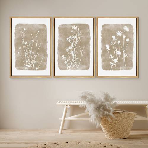 DustinWay Framed Canvas Print Wall Art Set of 3 Wildflower Floral Botanical Illustrations Minimalist Art Neutral Modern Farmhouse Decor