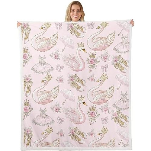 Manta de franela de cisne blanco con temática de ballet, diseño de cisne y ballet, manta de forro polar rosa para decoración de habitaciones, corona de princesa, lazo, rosas románticas, flores, para