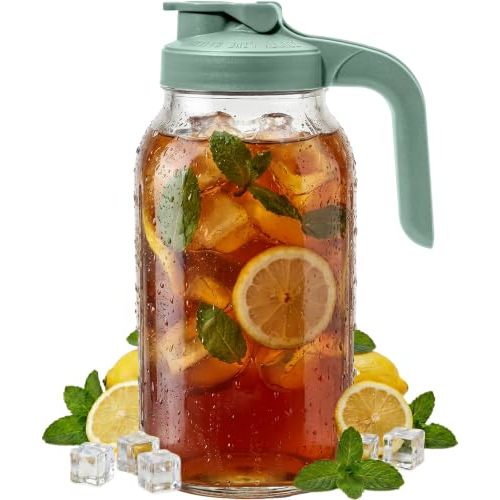 County Line Kitchen 64 oz Mason Jar Glass Pitcher With Lid - Sage | Heavy-Duty Glass Mason Jar Pitcher - Leak-Proof Lid, Wide Mouth & Easy Pour Spout (64 oz)