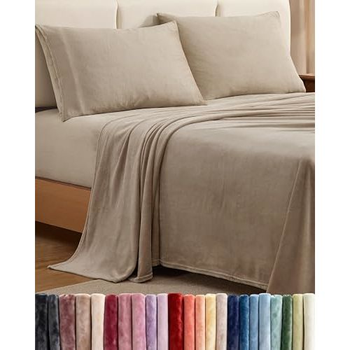 Fleece Sheets Full Size Set - 4-Piece Velvet Flannel Sheet Set - Oxford Tan