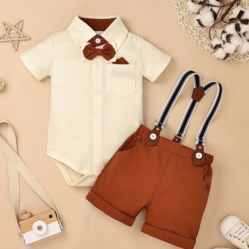 Baby Boy Clothes Gentleman Outfits Back to School Clothes for Boys Infant Baby Bodysuit Shirt with Bowtie Suspender Shorts Baby Boy Suit Set 0.0-59.06ft, Perfect for Outdoor
