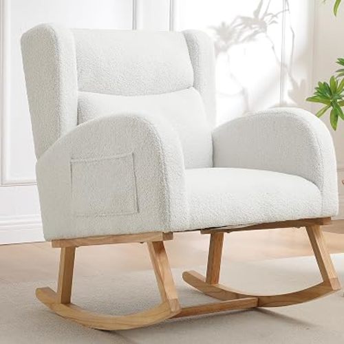 Nursery Rocking Chair,Wingback Rocker Chair,Teddy Nursing Glider Rocking Chair with High Back and Wooden Legs for Living Room Bedroom(Teddy White)