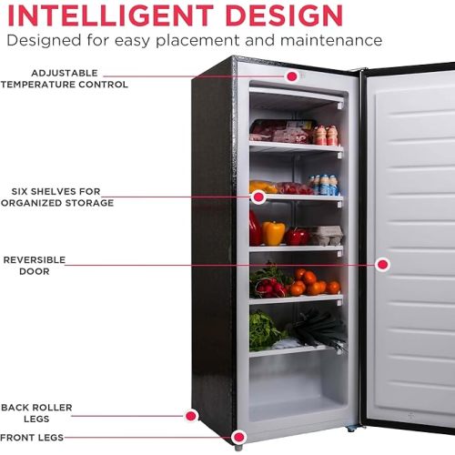 Frigidaire Upright Freezer, 6.5 cu. ft., Deep Freeze, Vinyl Coated Metal with Wire Shelving, Compact for Kitchen, RV, Dorm, Cabin, and Trailer, Platinum Design Series, Silver - 21D x 23W x 56H