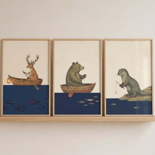 Vintage Fishing Woodland Animals Wall Art Set of 3 - Whimsical Forest Sailors
