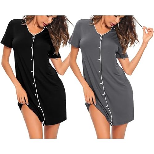 SWOMOG 2 Pack Nightgown for Women V Neck Soft Short Sleeve Sleepshirt Pajama Dress Soft Modal Nightwear