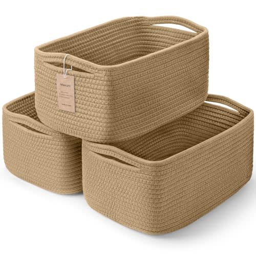 3 Pack Storage Baskets for Organizing, 13.7×9.5×6.3", Brown | Woven Baskets for Shelves, Cotton Rope Basket for Gifts Empty, Closet Organizer Bins with Handles, Cube Decorative Box