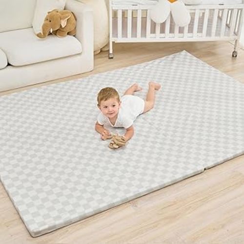 Large Vegan Leather Baby Play Mat for Floor,1.3"Thick Foam 59x82 Foldable Waterproof Kids Play Mat,Stylish and Just Wipe-Clean Playmat for Baby Play on Floor (Grey Checker)