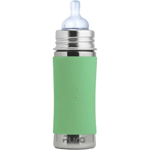 Pura Kiki 9oz/275ml Stainless Steel Infant Bottle w/Sleeve, Anti-Colic, Medical-Grade Silicone, Medium-Flow Nipple, for Babies 3 Months & Up (Moss)