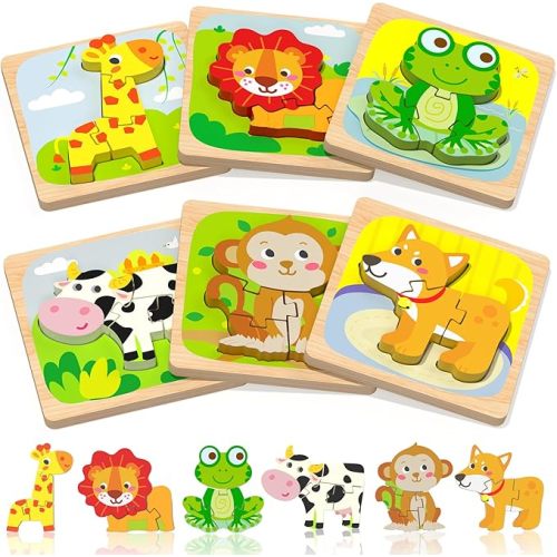 Benresive Wooden Toddler Puzzles, 6pcs Animal Montessori Toys for 1-3 Year Old Boys & Girls, Learning Educational Preschool Toys, Great Gifts for 1 2 3 Year Olds
