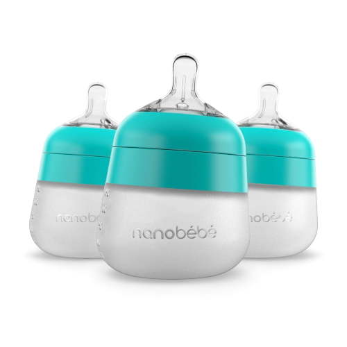 Nanobebe Flexy Silicone Baby Bottle, Anti-Colic, Natural Feel, Non-Collapsing Nipple, Non-Tip Stable Base, Easy to Clean, 3-Pack, Teal, 5 oz