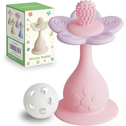Silicone Baby Teething Toy – Flower Teether & Rattle for Infant, Multi-Texture 360° Teething Relief, Anti-Choking Guard, Stand-Up Base, Food Grade BPA-Free, Sensory Toy 0–24 Months (Pink)