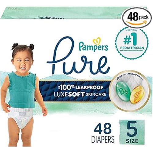 Pampers Pure Protection Baby Diapers, Size 5 (27+ lbs), 48 Count, Up to 100% Leakproof, Premium Plant-based Skin Protection, Hypoallergenic Soft Diapers
