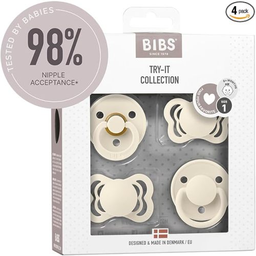 BIBS Pacifiers Try-it Collection | Includes Colour, De Lux, Couture and Supreme Pacifiers | BPA-Free Natural Rubber & Silicone | Made in Denmark | Ivory | 0 to 6 Months