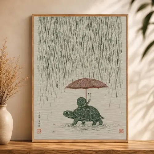 Turtle Snail Print, Japanese Rain Scene, Umbrella Creature Design, Zen Bathroom Serenity, Whimsical