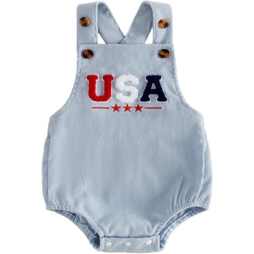 Baby Boy Girl 4th of July Outfit Sleeveless Corduroy Overalls American Flag Romper Bodysuit Infant Patriotic Clothes