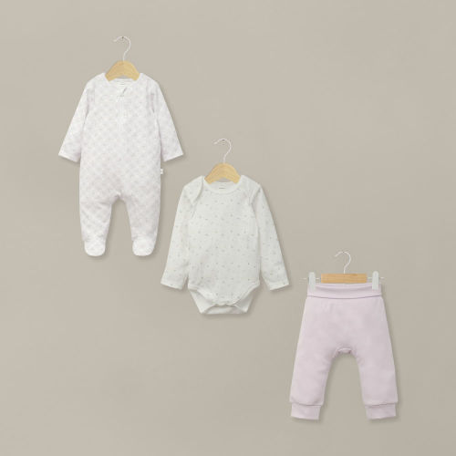 Conjunto 3 piezas osito, body y pantalón lila de bebé niña