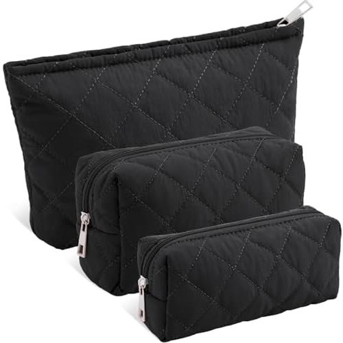 Sadnyy 3 Pcs Mother's Day Makeup Bags Puffy Makeup Bag Quilted Cosmetic Pouch for Women Cute Puffer Organizer Toiletry Pouch Cosmetic Bag Bridesmaids Gift Pencil Case with Zipper(Black)