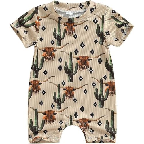 Muasaaluxi Western Baby Girl Boy Clothes Short Sleeve Cow Print Romper One Piece Bodysuit Shorts Summer Outfit