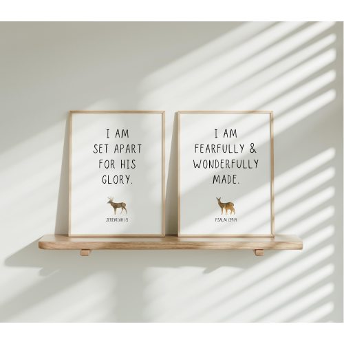 PRINTED Set of 2, Deer bible verse prints, Hunting Nursery, Buck woodland baby shower art, Kids hunting bedroom, Kids Christian art