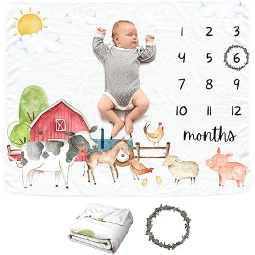 Farm Animals Baby Monthly Blanket for Boys, Cow Newborn Month Blanket, Soft Flannel Photography Background Prop, Personalized Shower Gift, Farm, Cow, Horse, Pig & Chicken