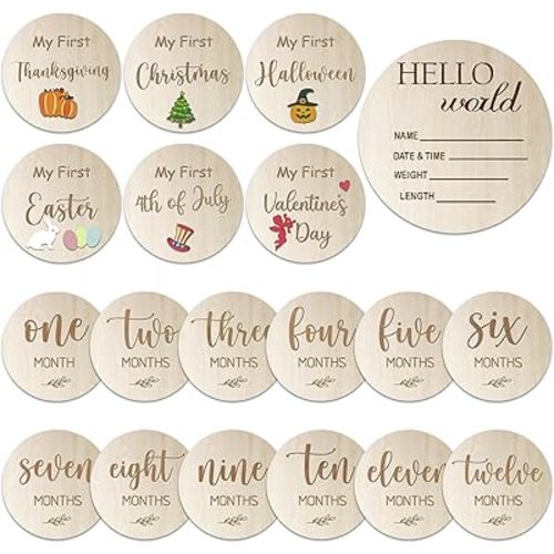 10 Pack Baby Monthly Milestone Signs – Wooden Double-Sided Discs for 1-12 Months, My First Holiday & Hello World Birth Announcement, Newborn Photo Props & Baby Shower Keepsake Gift for Boys & Girls